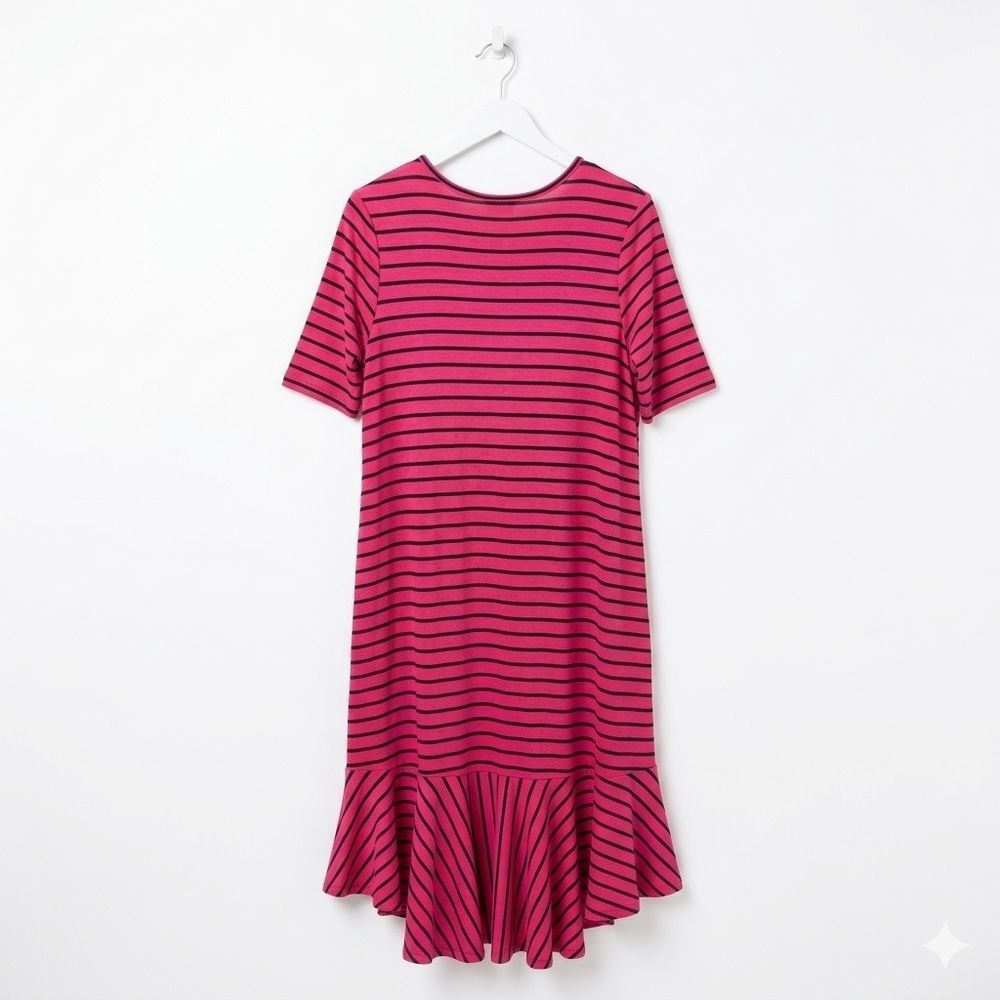 LUXE Hot Pink & Black Striped Ruffle High-Low Midi Dress Large